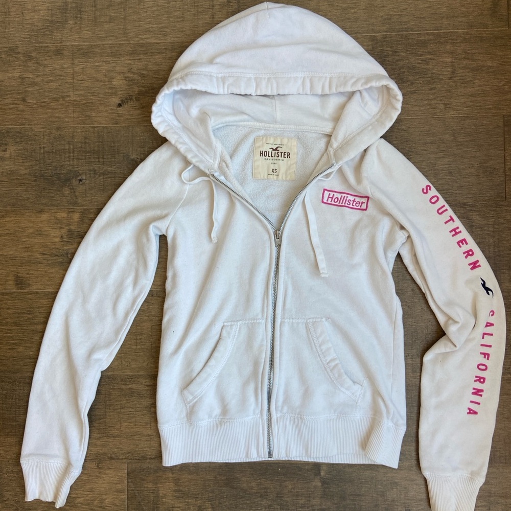 Hollister White Hoodie with Pink Embroidery